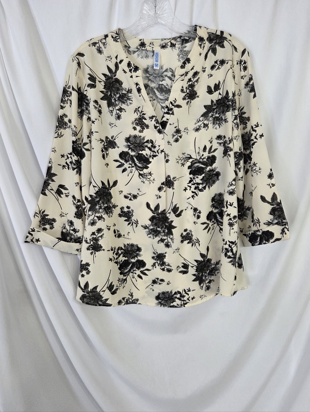 Viishow Cream/black Floral V-Neck 3/4 Sleeve Blouse Size M - Picture 2 of 9